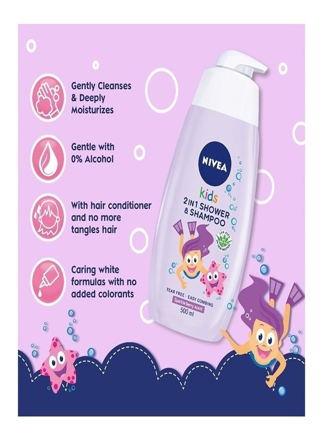 NIVEA Kids 2-in-1 Shower Gel & Shampoo - Sparkle Berry Scent, 500ml (Purple)