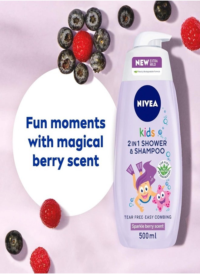 NIVEA Kids 2-in-1 Shower Gel & Shampoo - Sparkle Berry Scent, 500ml (Purple)