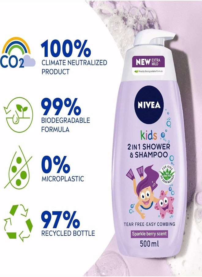 NIVEA Kids 2-in-1 Shower Gel & Shampoo - Sparkle Berry Scent, 500ml (Purple)