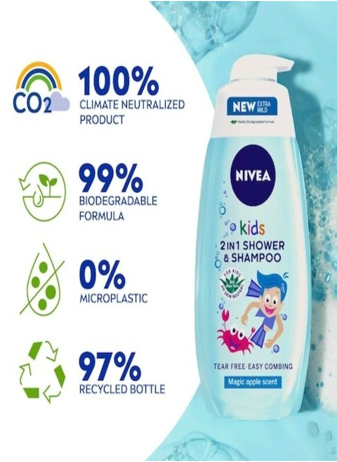 NIVEA Kids 2-In-1 Shower & Shampoo - Magic Apple Scent, 250ml (Blue)