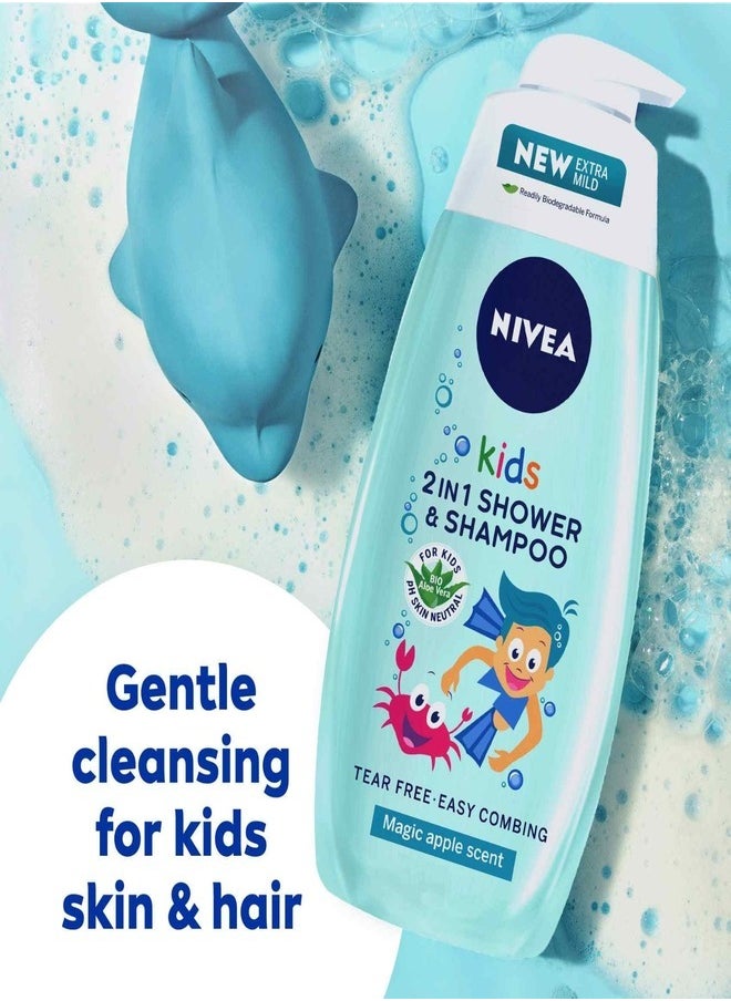 NIVEA Kids 2-In-1 Shower & Shampoo - Magic Apple Scent, 250ml (Blue)