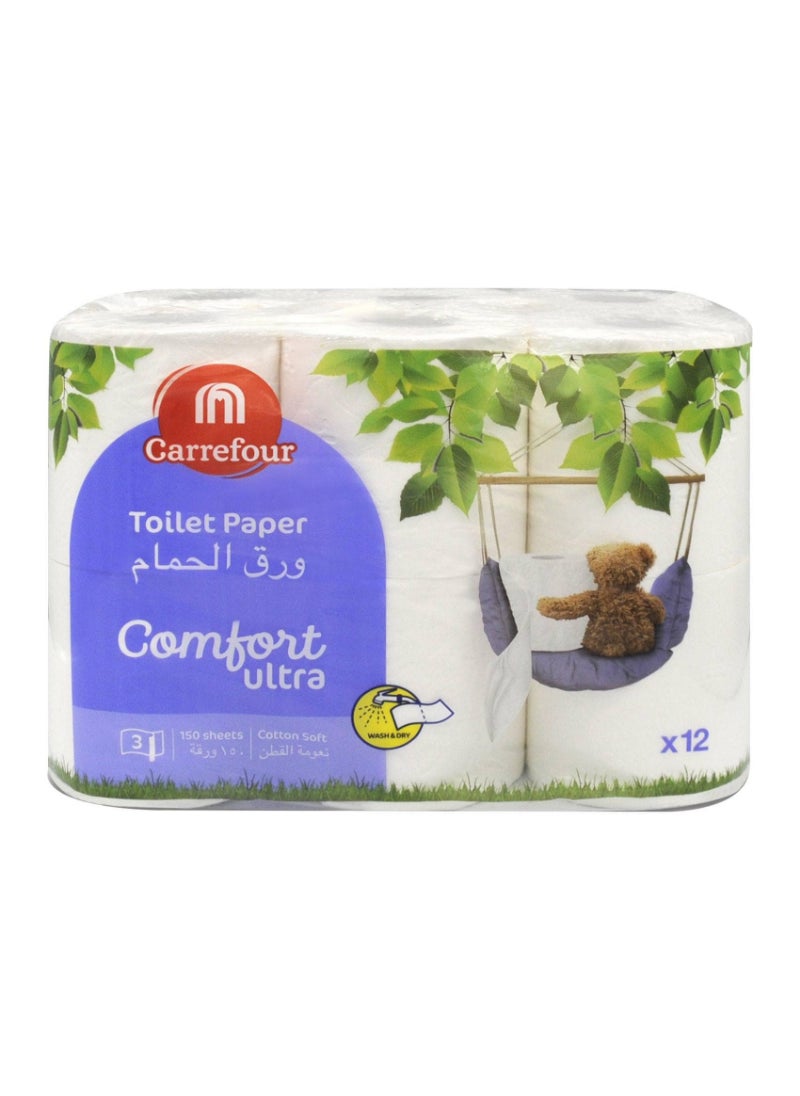 Ultra Comfort Toilet Paper Roll White 3Ply 150 Sheets 12 Rolls