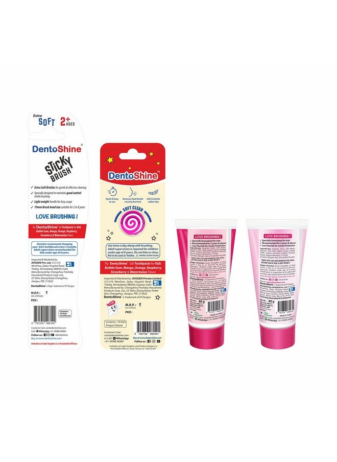 Oral Care Combo Ages 2+ (Sticky Toothbrush For Kids + Lollipop Tongue Cleaner + Flavored Toothpaste 80 G X 2) (Strawberry)