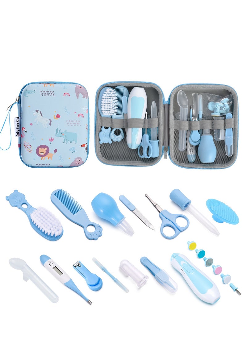 Baby care set, 20 pieces, blue nail clippers, medicine feeder, comb, brush, EVA bag, care