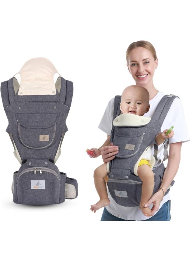 EOPTIFY 6-in-1 Baby Carrier Hip Seat (Grey) – Suitable for newborns up to 36 months, ideal for walking, shopping, trips, and hiking. Features an ergonomic infant backpack design with a supportive hip seat for comfortable carrying.