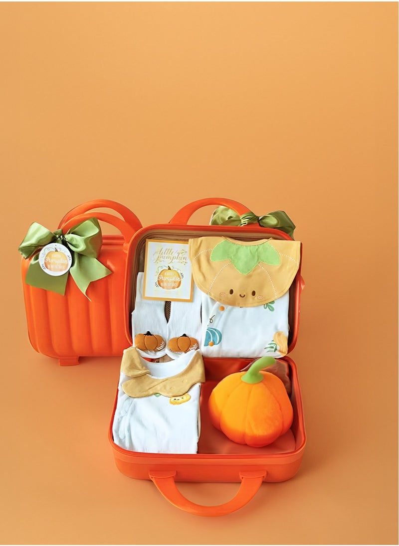 Pumpkin Themed Newborn Baby Gift Set – 2 Jumpsuits, Plush Pumpkin Doll, Bib, Blessing Card, Socks, & Pumpkin-Shaped Suitcase for Boys & Girls