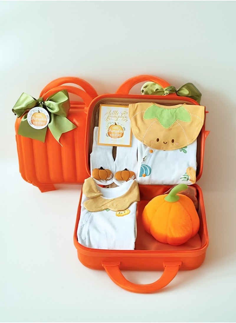 Pumpkin Themed Newborn Baby Gift Set – 2 Jumpsuits, Plush Pumpkin Doll, Bib, Blessing Card, Socks, & Pumpkin-Shaped Suitcase for Boys & Girls