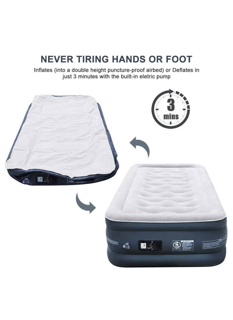 18-Inch Double High Twin Air Mattress with Built-in Electric Pump – Elevated Inflatable Bed for Guests and Camping with Flocked Top and Storage Bag