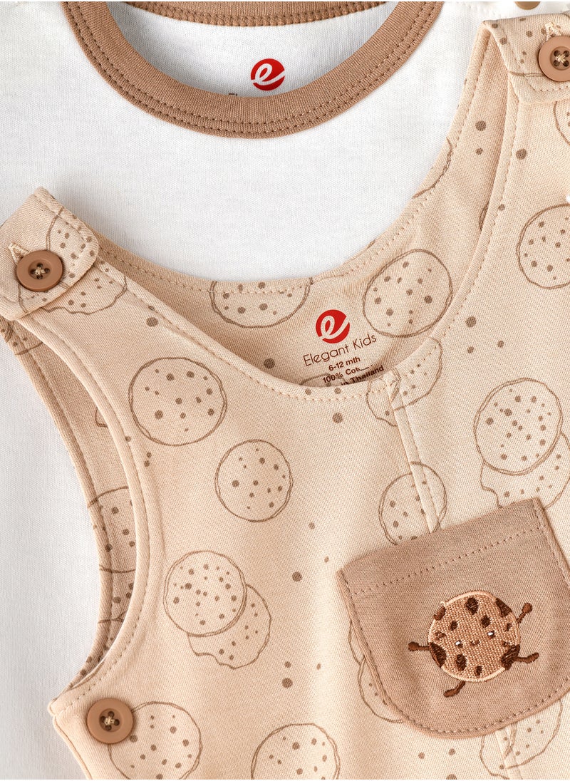 Baby Beige Romper Set with Cookie Print and White Tee