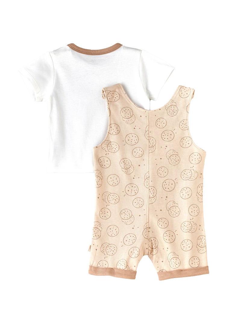 Baby Beige Romper Set with Cookie Print and White Tee