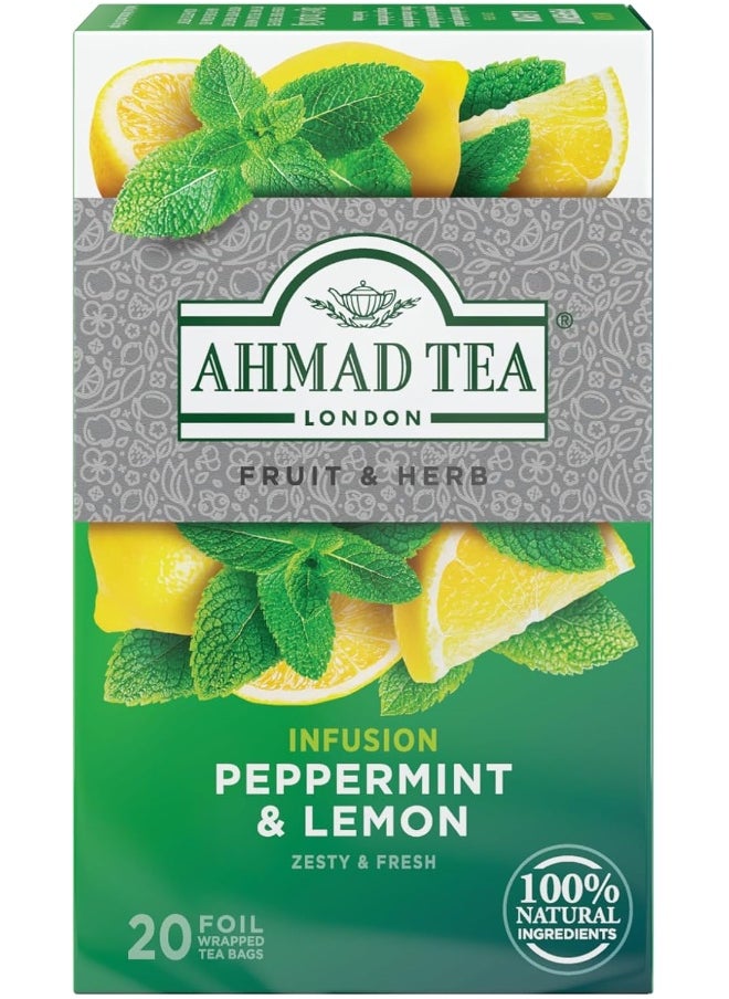 Ahmad Tea Peppermint & Lemon Teabags, Herbal Tea, 20 ct (Pack of 6) - Decaffeinated & Sugar-Free