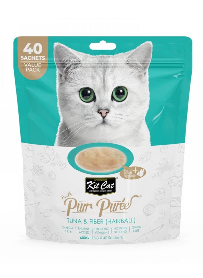 Kit Cat, Purr Puree, Tuna & Fiber - Hairball -  40 Sachets Value Pack in 1 Bag