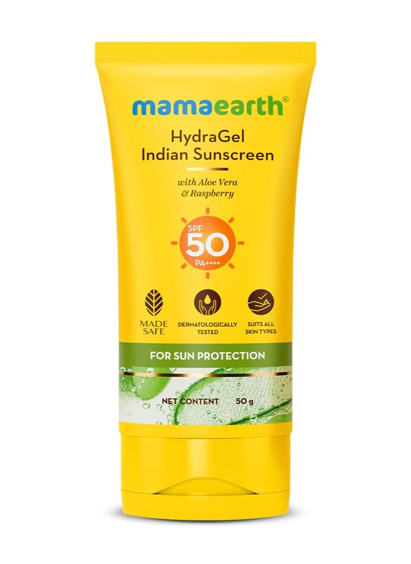 HydraGel Indian Sunscreen SPF 50 & PA++++, With Aloe Vera & Raspberry, for Sun Protection - 50g | No White Cast | UVA & B Protection | Hydrating, Lightweight & Non-Sticky | For All Skin Types