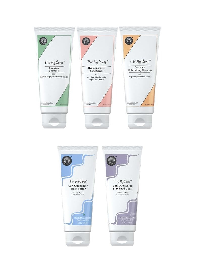 Fix My Curls Complete Curl Care Travel Kit| Cleansing Shampoo, Moisturizing Shampoo, Hydrating Conditioner, Hair Butter & Curl Quenching Gelly for Soothing, Moisturizing & Defining Curls|50ml Each