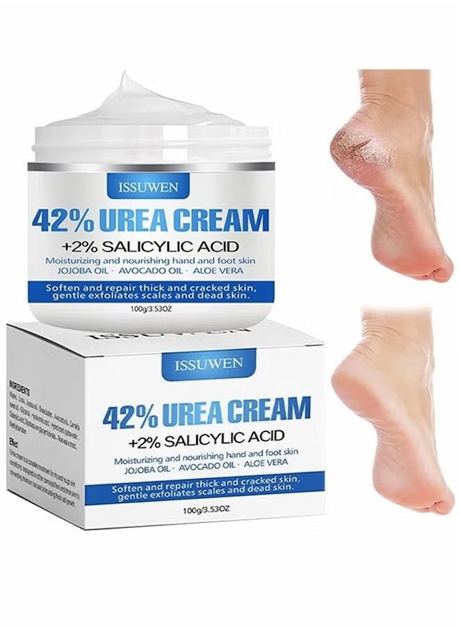 Urea Cream 42% And Salicylic Acid 2%, Foot Cream For Dry Cracked Heels Knees Elbows Hands Repair Treatment, Foot Moisturizer Corn Callus Dead Skin Remover Toenail Softener For Foot Care 100g