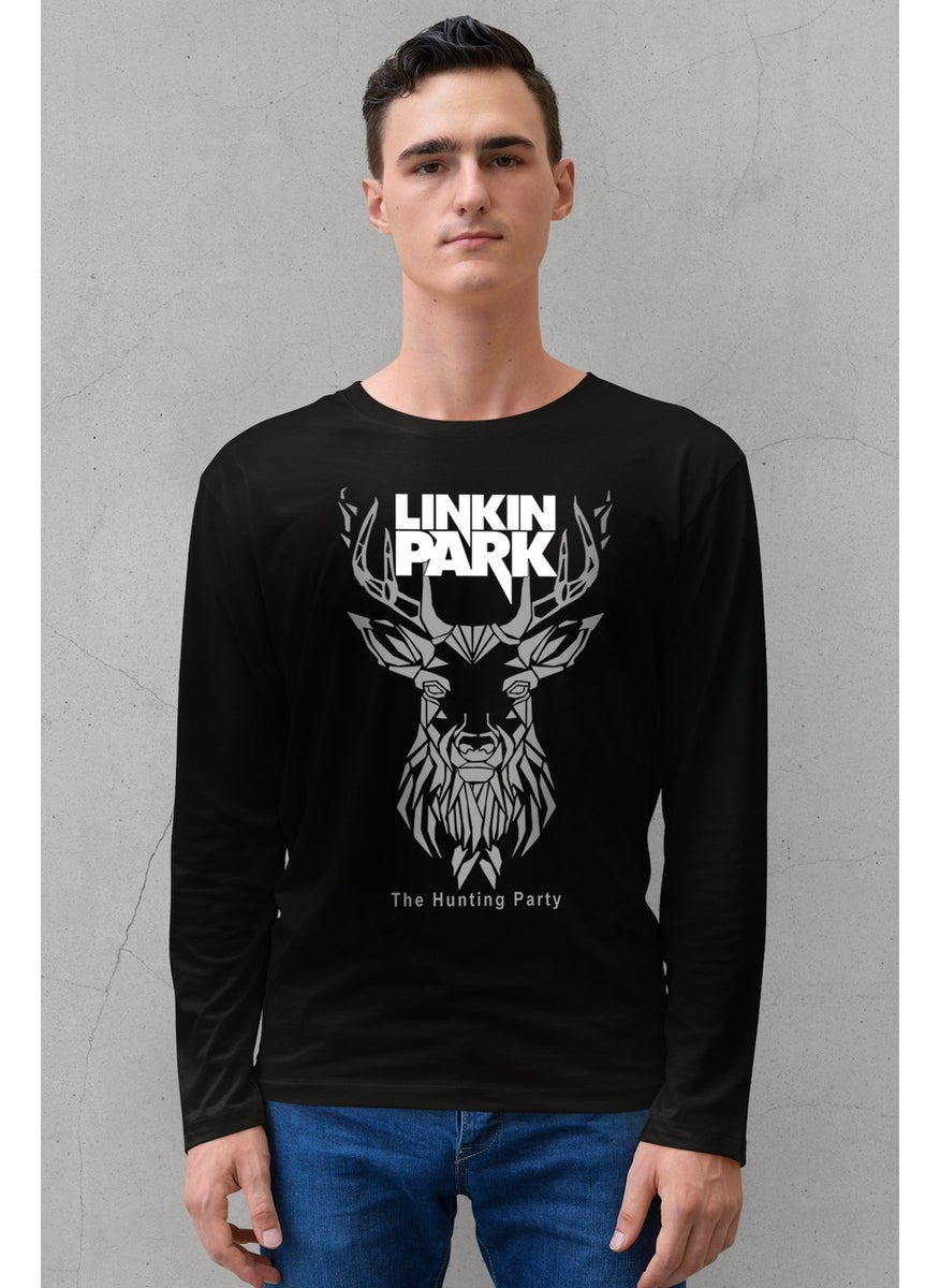 Rock & Roll Geometric Deer Crew Neck Black Long Sleeve Combed Cotton Men's T-Shirt