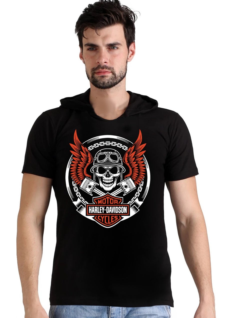 Biker Skull Black Hooded Short Sleeve Men's T-Shirt