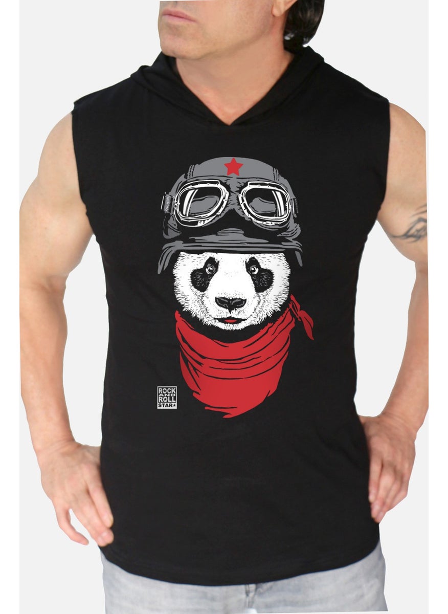 Rock & Roll Bandana Panda Black Hooded Sleeveless T-Shirt