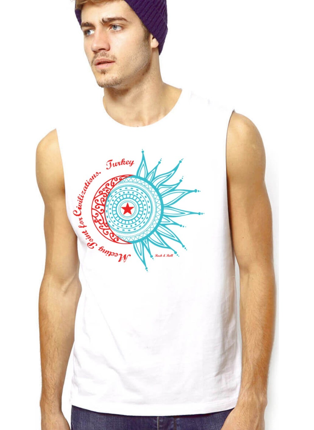 Rock & Roll Türkiye Crescent Star White Cut Sleeve | Sleeveless Men's T-Shirt | Athlete