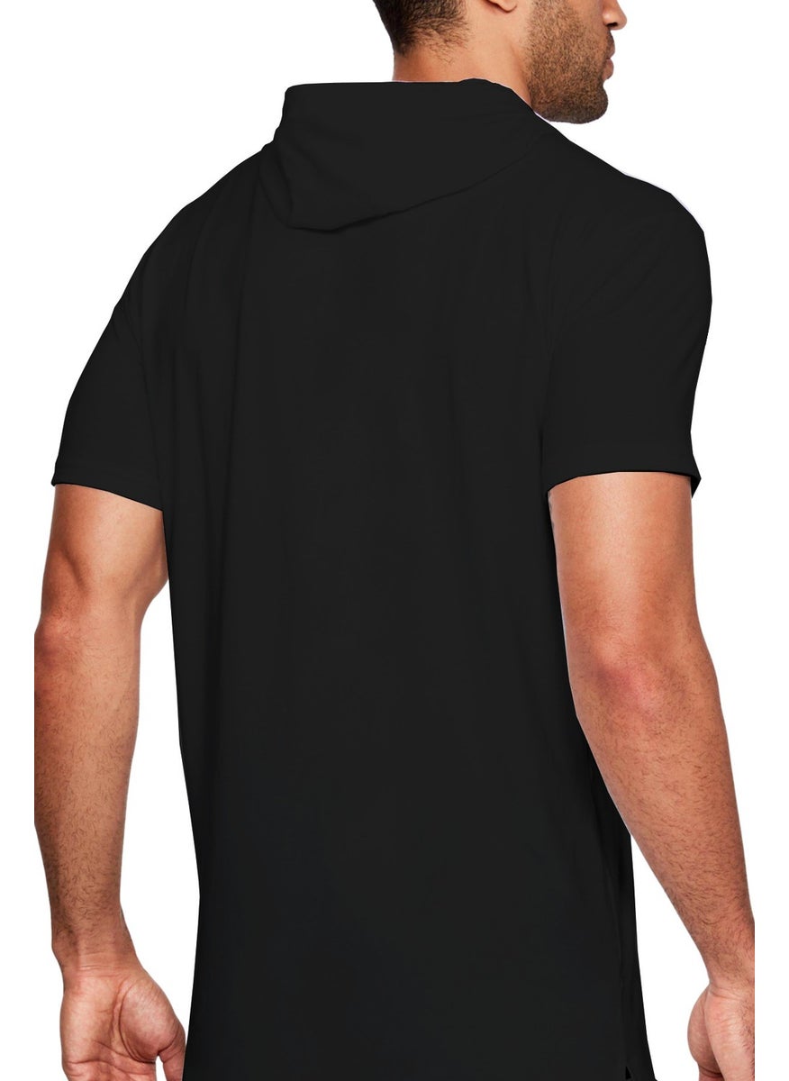 Plain Unprinted Basic Black Hooded Short Sleeve Men's T-Shirt