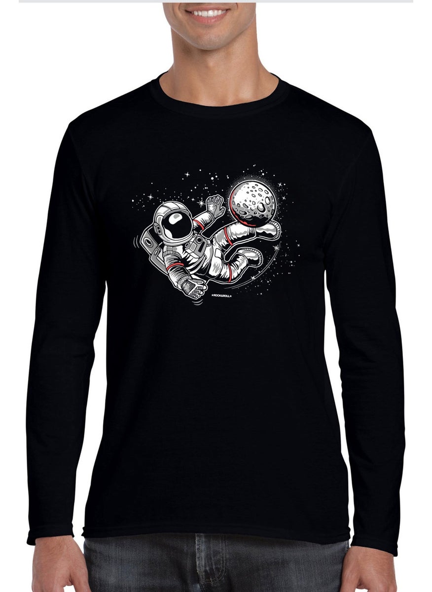 Football Player Astronaut Crew Neck Black Long Sleeve Combed Cotton Men's T-Shirt