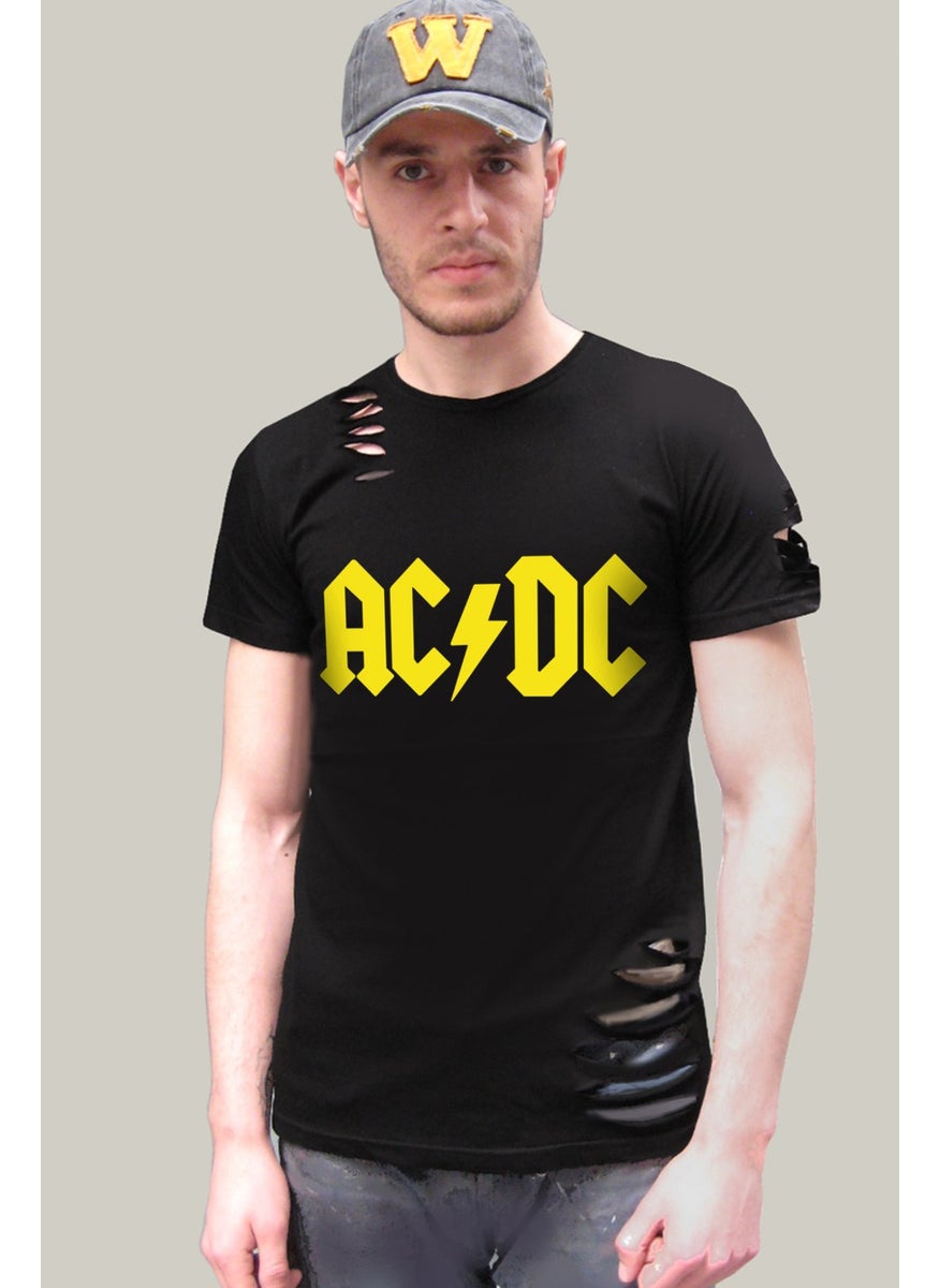 Rock & Roll Acdc Black Short Sleeve Torn Ripped T-Shirt