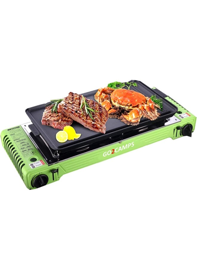 GO2CAMPS Alsaqer Korean Double Burner Butane Camping Stove With BBQ Grill Hotplate/Humburger Tray and Carry Case