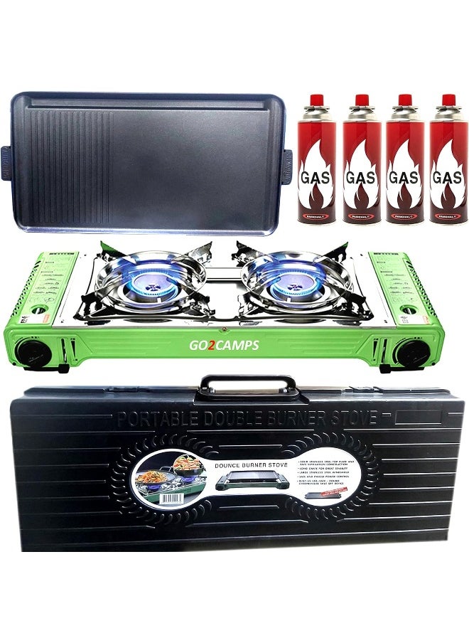 GO2CAMPS Alsaqer Korean Double Burner Butane Camping Stove With BBQ Grill Hotplate/Humburger Tray and Carry Case