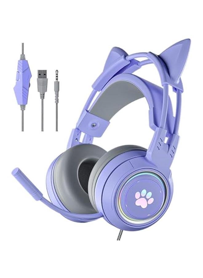 Cat Ear Headphones Purple Gaming Headset with Mic for Switch Xbox One PS4 PS5, Cute Girl Kids Wired Headphones Light up Kawaii Kitty Noise Cancelling Headphones for Gamer PC Laptop