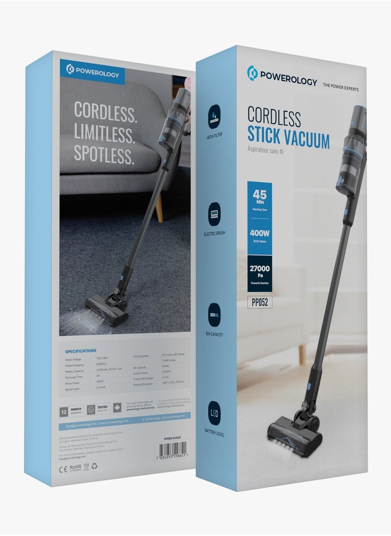 Cordless Stick Vacuum with Electric Brush and HEPA Filter / 27000Pa Suction Power / 45 Min Working Time / Adjustable Speed Level / Powerful and Easy to Use Stick Vacuum Cleaner - Black