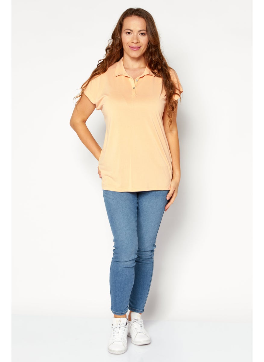 Women Spread Collar Polo Shirt, Peach