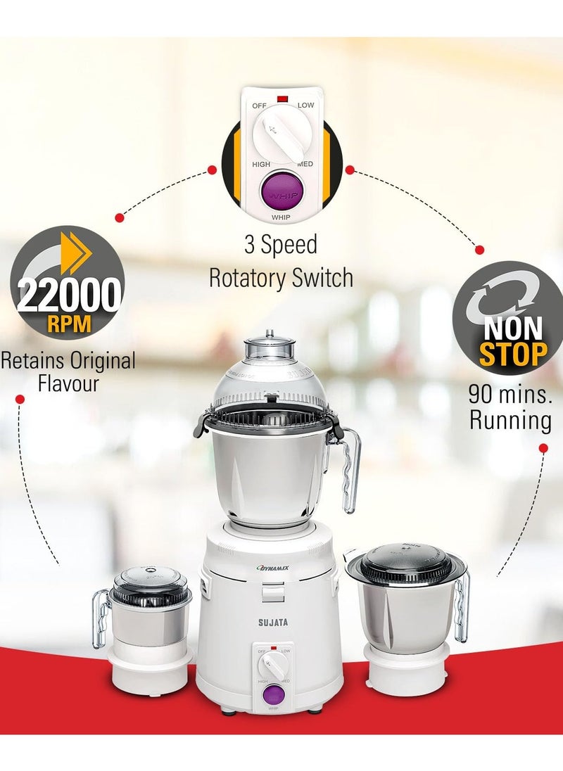 Sujata Dynamix 900 Watts Mixer Grinder | 22000 Rotations Per Min | 90 Minutes Continuous Running | 3 Versatile Jars 1500 ml, 1000 ml and 400 ml