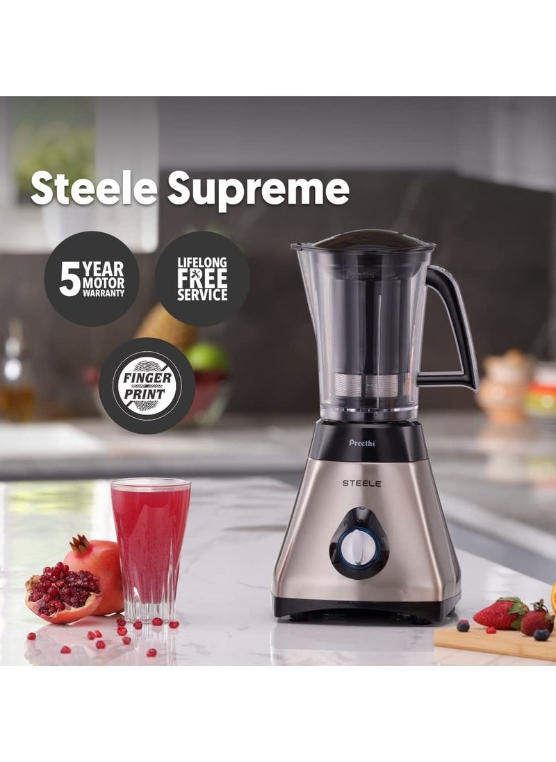 Preethi Steel Supreme MG-208 mixer grinder, 750 watt (Silver/ Black), 4 jars - Super Extractor juicer Jar, Vega W5 motor with 5yr Warranty & Lifelong Free Service