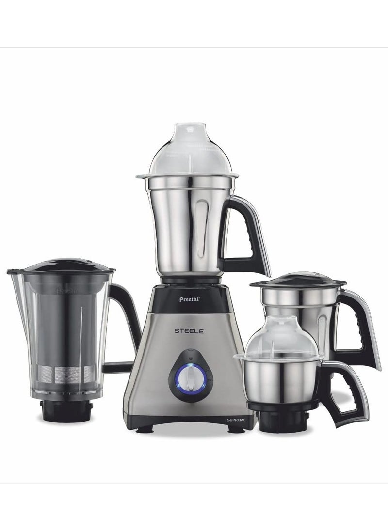 Preethi Steel Supreme MG-208 mixer grinder, 750 watt (Silver/ Black), 4 jars - Super Extractor juicer Jar, Vega W5 motor with 5yr Warranty & Lifelong Free Service