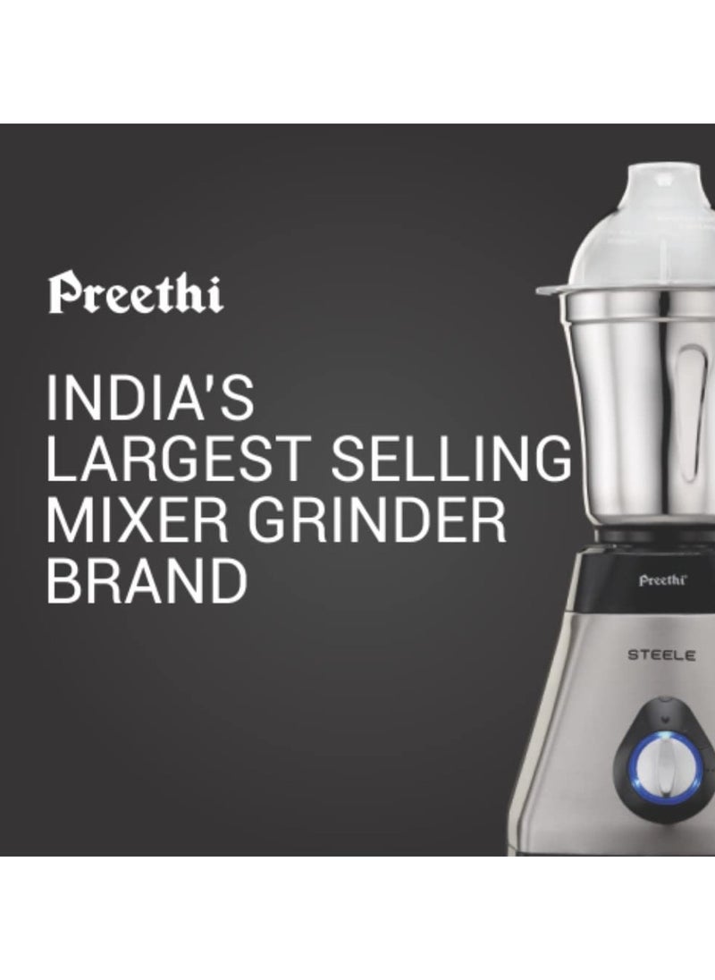 Preethi Steel Supreme MG-208 mixer grinder, 750 watt (Silver/ Black), 4 jars - Super Extractor juicer Jar, Vega W5 motor with 5yr Warranty & Lifelong Free Service