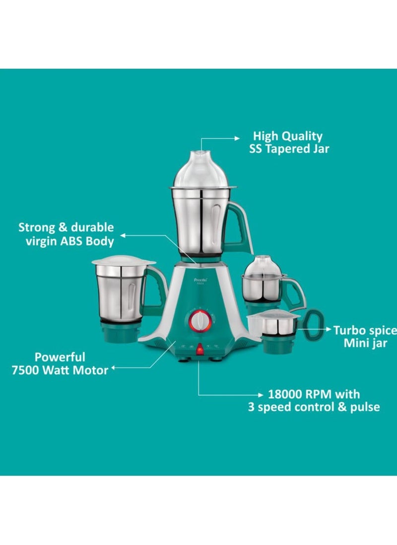 Preethi Aries MG 216 mixer grinder 750 watt, Green, 4 Jars, Vega W5 motor with 5yr Warranty & Lifelong Free Service