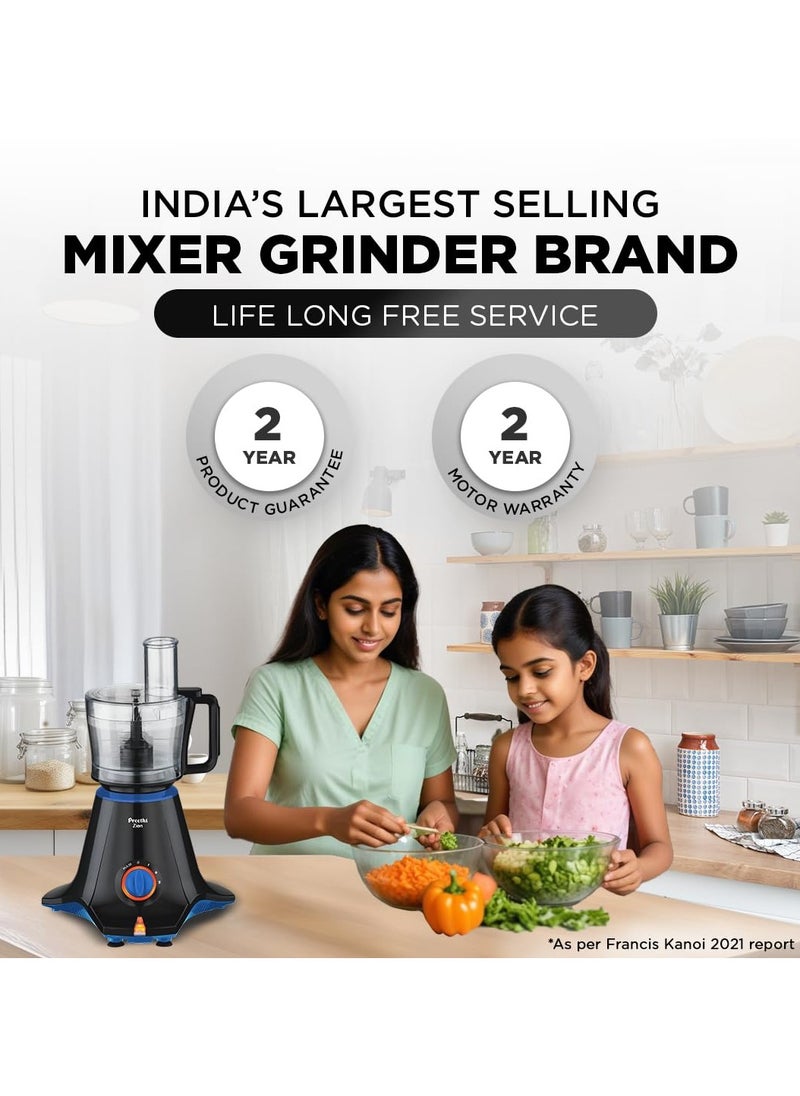 Preethi Zion Mixer Grinder for Kitchen - 4 Jars 750 Watt Mixie (3 Stainless steel Jars+1 Master Chef Plus Food processor Jar), Flexi lids, Vega W5 motor, Black (MG-227)