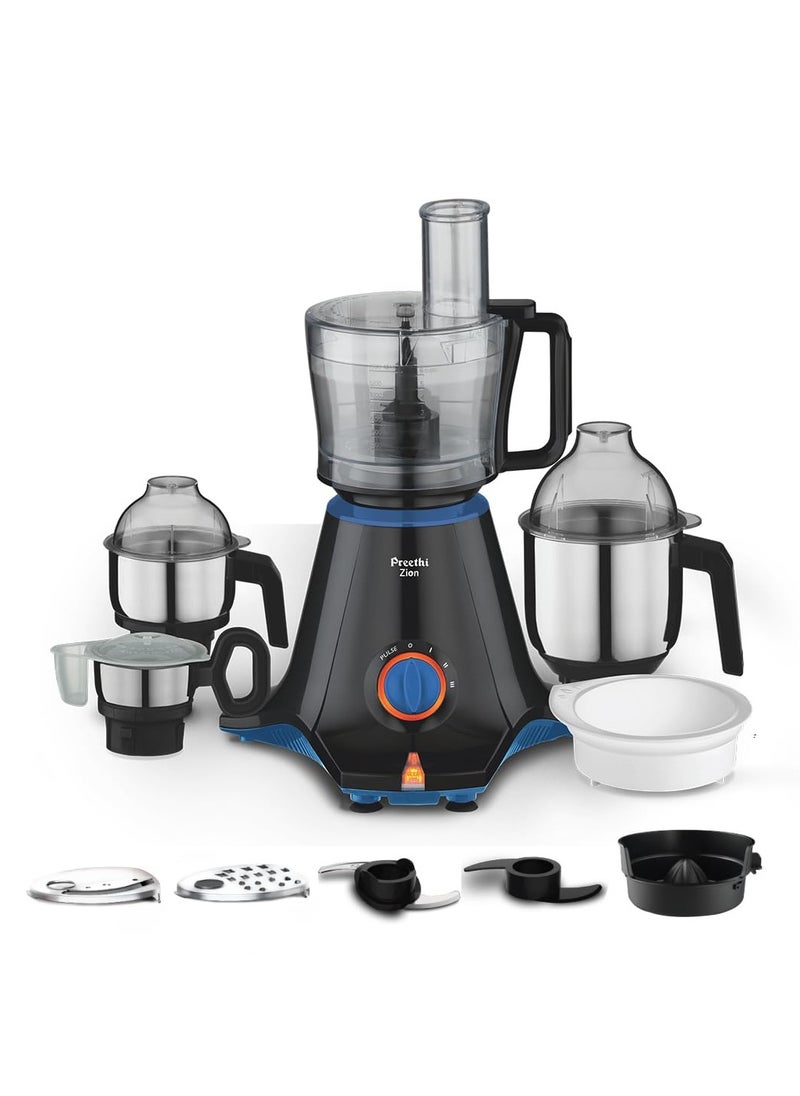 Preethi Zion Mixer Grinder for Kitchen - 4 Jars 750 Watt Mixie (3 Stainless steel Jars+1 Master Chef Plus Food processor Jar), Flexi lids, Vega W5 motor, Black (MG-227)