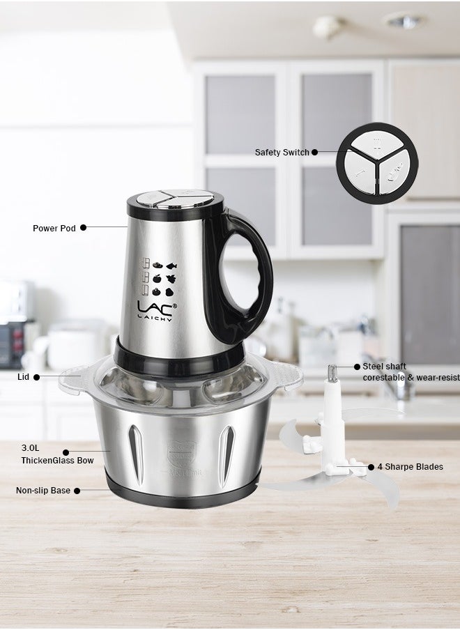 Electric Food Chopper, 3L Meat Grinder 3 Speeds Food Processor Stainless Steel  Food Processor Elegant Slicer With Integrated 4-Sharp Blades And Child Safety Lock