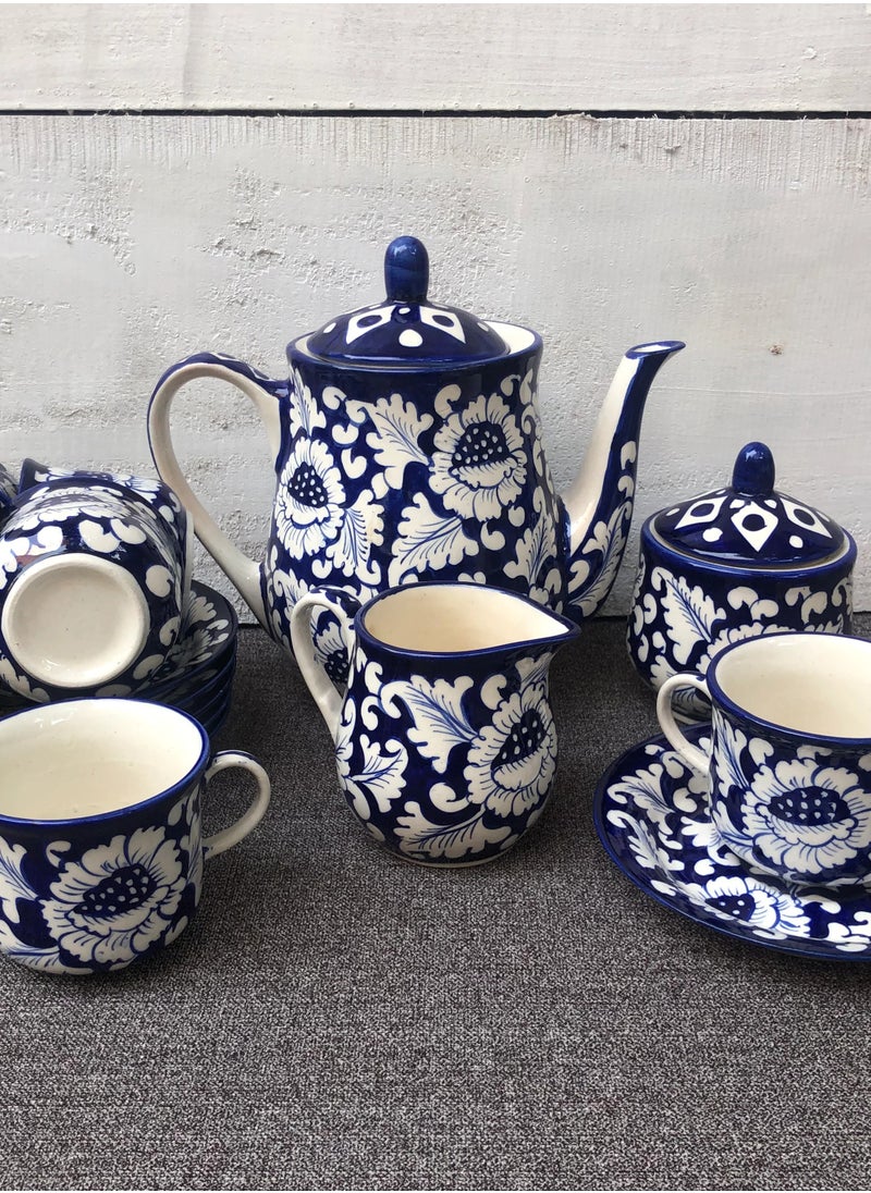 Handmade & Hand-Painted Lead-Free 15 Pcs Tea Set – Blue Flower Blue Pottery