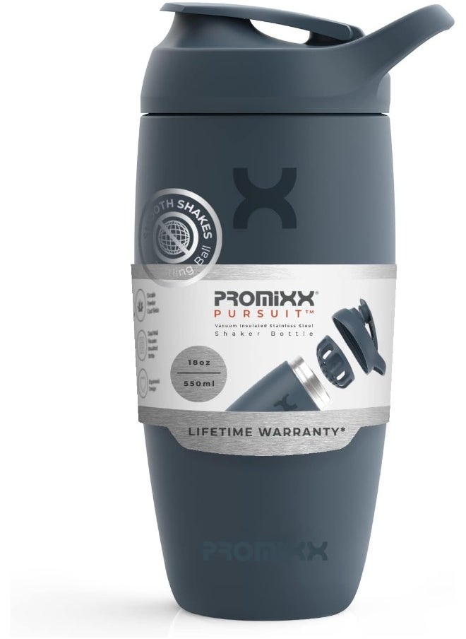 Promixx Pursuit Shaker Bottle Insulated Stainless Steel Water Bottle and Blender Cup, 18oz, Midnight Blue