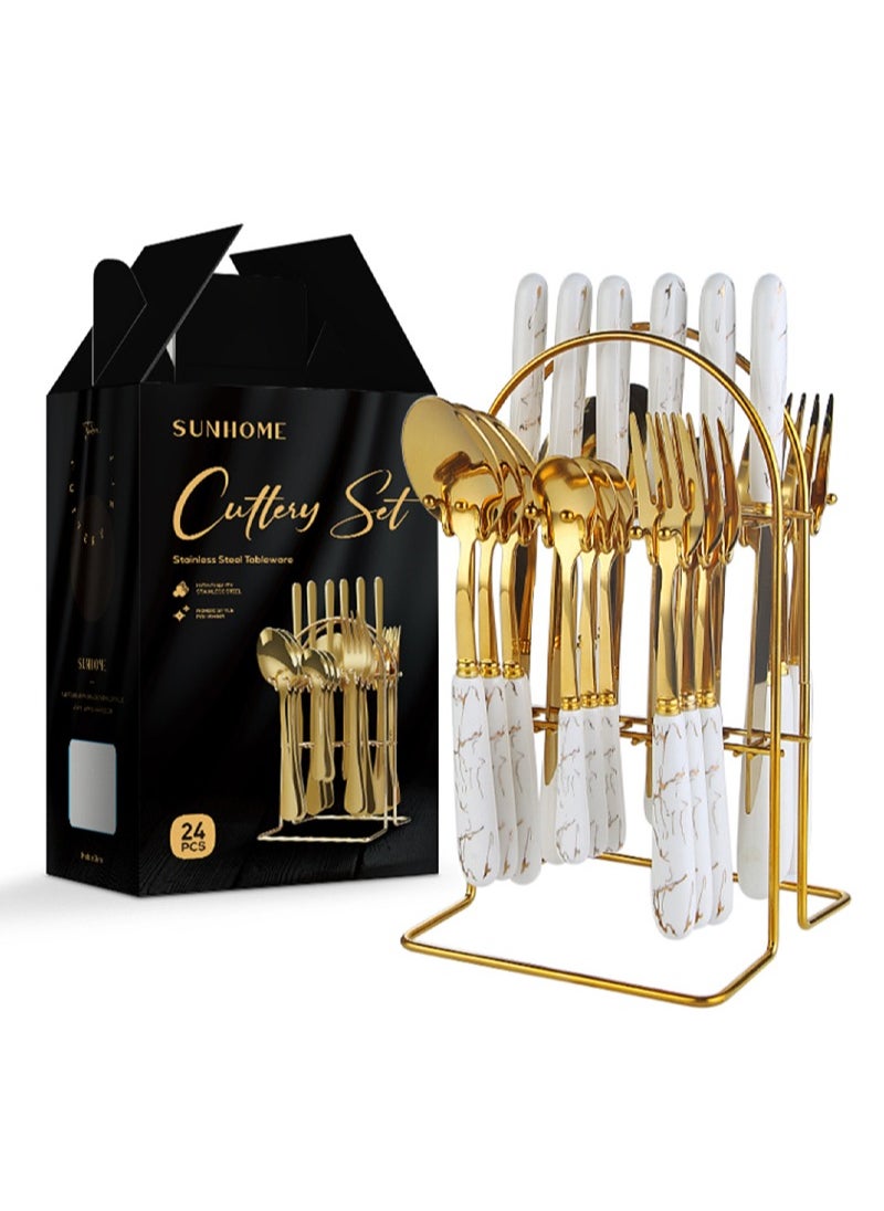 24-Piece Stainless Steel Cutlery Set With Stand White/Gold