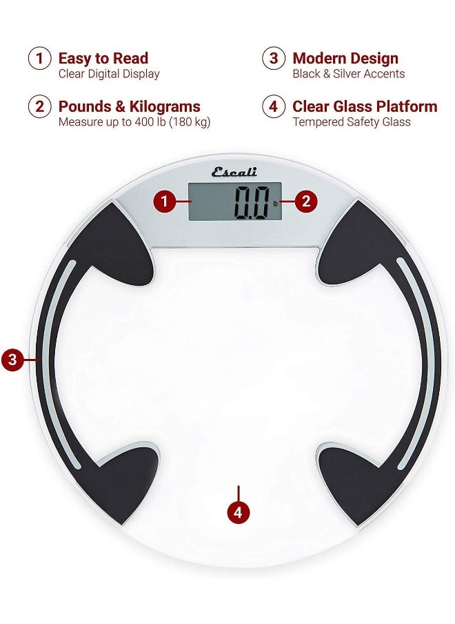 Escali Digital Glass Bath Scale for Body Weight, Bathroom Body Scale, High Capacity of 400 lb, Battery Included, Clear Round Platform