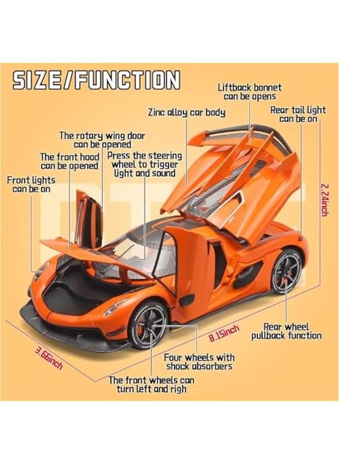 Toy Cars for Boys 1/24 Jesko Metal Die Cast Toy Cars,Collectibles Jesko Model Car,Pull Back Jesko Toy Car with Light and Sound,Cars Gifts for Age 3+ Year Old Boys（Orange）