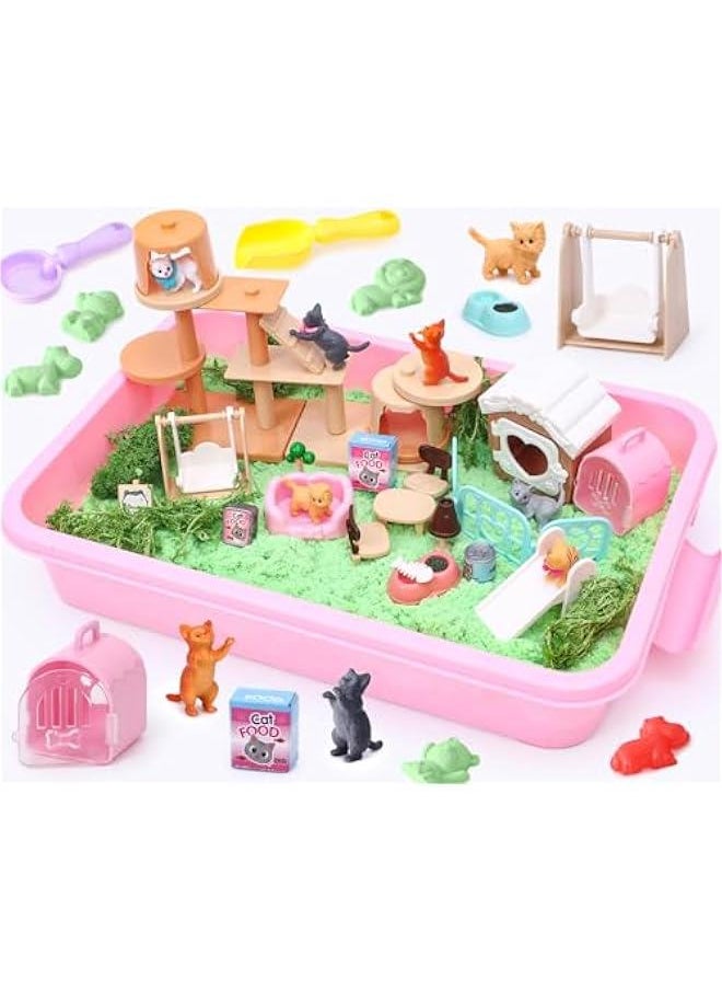 Cat Sandbox Toys Kids Play Sand Kit Toddler Sensory Bin Toy 2.2lbs Sand Pet Cat Figures Care Role Pretend Play Beach Toy Birthday Gift for Girls Boys 3 4 5 6 7 8 Years Old