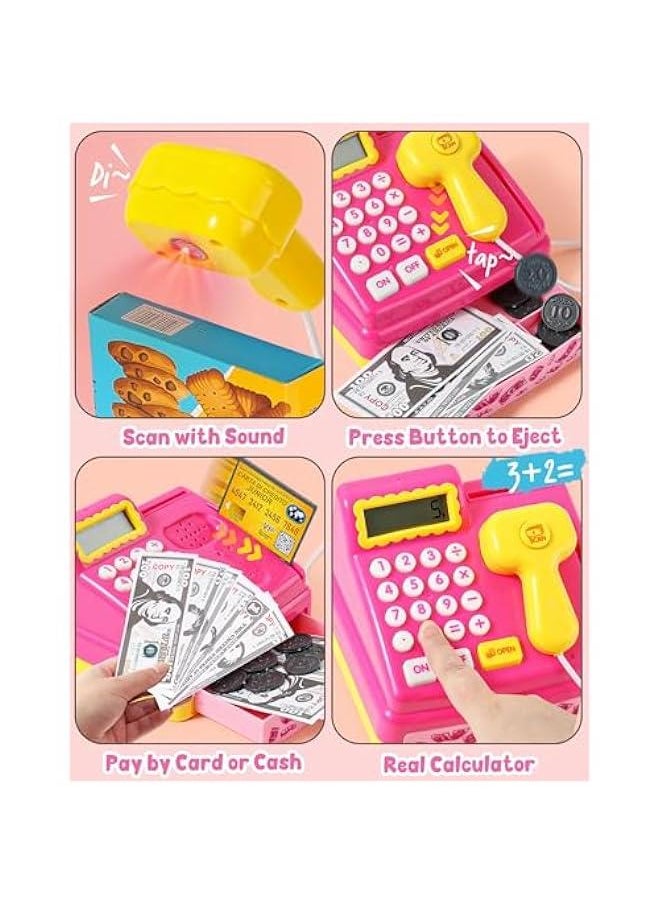 Kids Cash Register Toy Ice Cream Shop Toddlers Pretend Play Shopping Playset with Scanner Fake Money Calculator Desserts, Birthday Gift for 3 4 5 6+ Year Old Girls