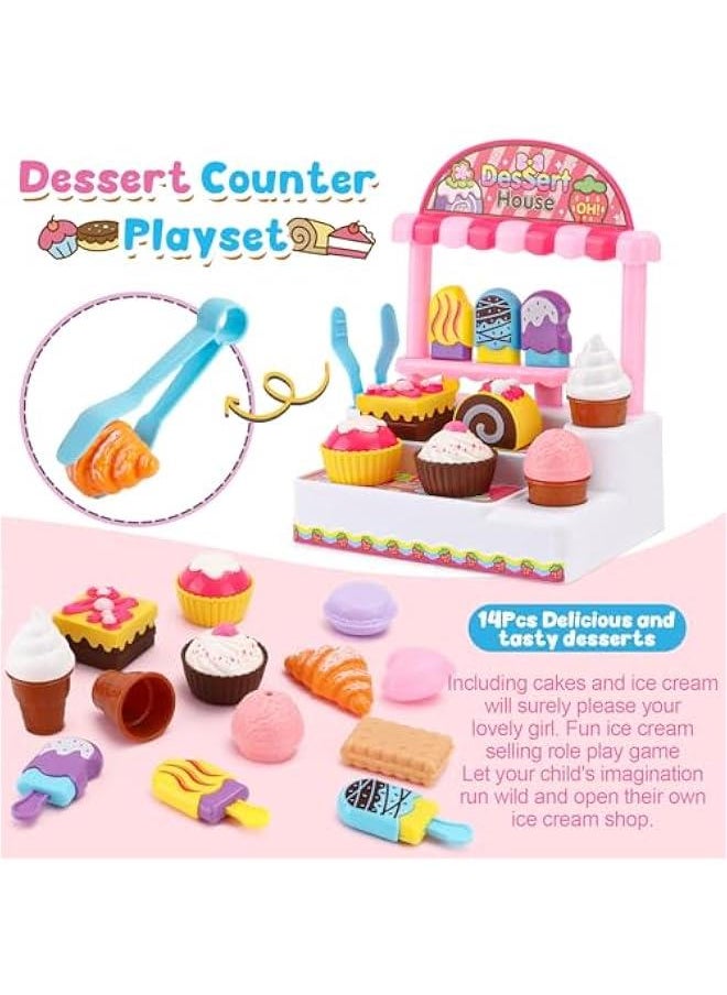 Kids Cash Register Toy Ice Cream Shop Toddlers Pretend Play Shopping Playset with Scanner Fake Money Calculator Desserts, Birthday Gift for 3 4 5 6+ Year Old Girls