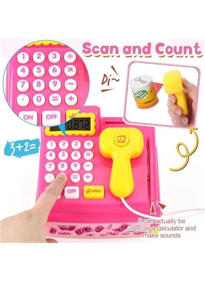 Kids Cash Register Toy Ice Cream Shop Toddlers Pretend Play Shopping Playset with Scanner Fake Money Calculator Desserts, Birthday Gift for 3 4 5 6+ Year Old Girls