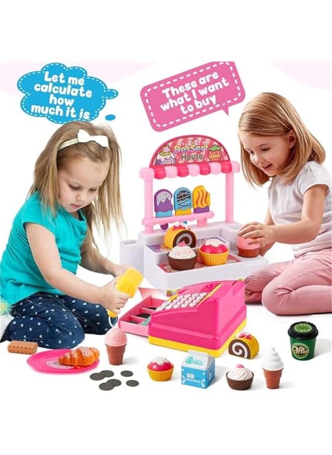 Kids Cash Register Toy Ice Cream Shop Toddlers Pretend Play Shopping Playset with Scanner Fake Money Calculator Desserts, Birthday Gift for 3 4 5 6+ Year Old Girls