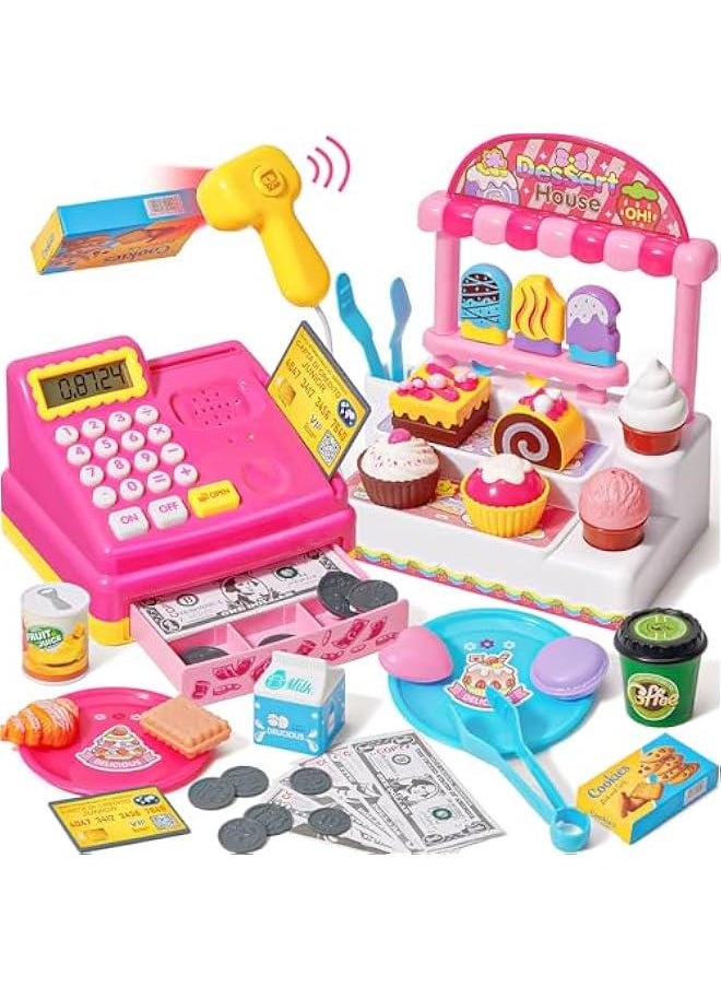 Kids Cash Register Toy Ice Cream Shop Toddlers Pretend Play Shopping Playset with Scanner Fake Money Calculator Desserts, Birthday Gift for 3 4 5 6+ Year Old Girls